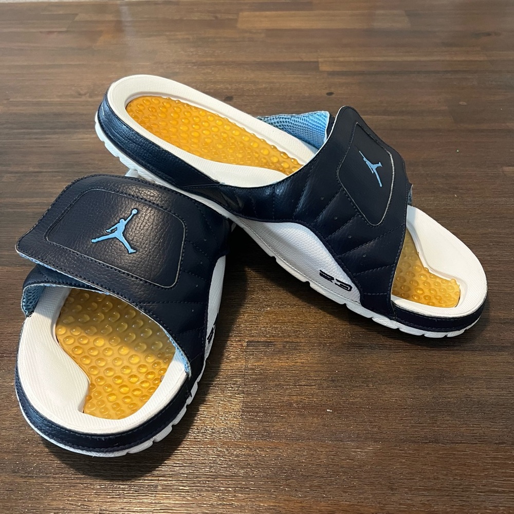 Jordan Navy and White Slide Sandals with Blue Logo